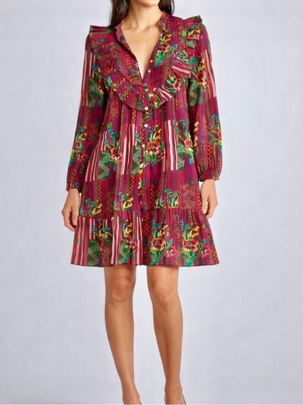 Ro's Garden Medium Roma Campeche Ruffle plum Floral Long Sleeve Dress NWT